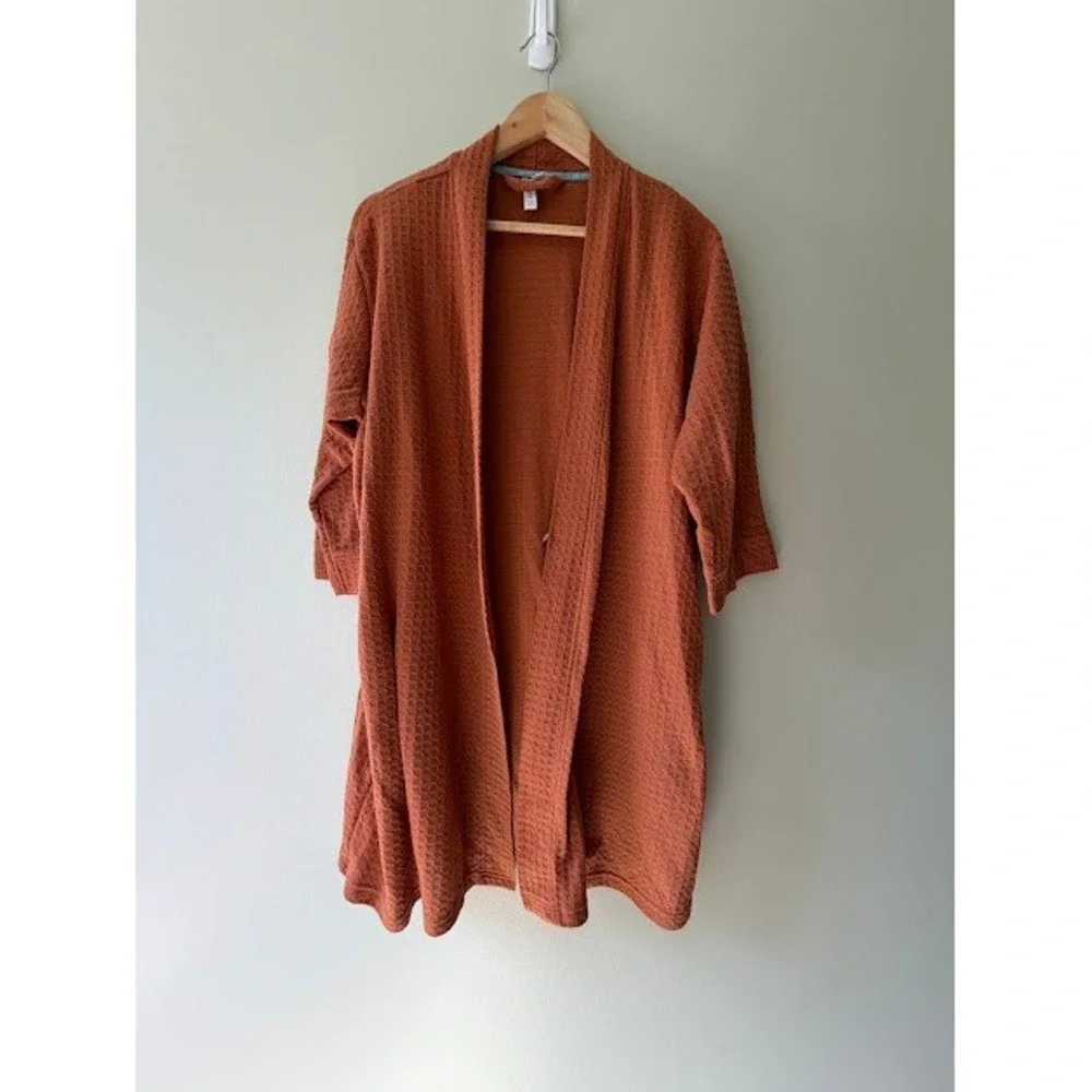 Waffle Knit Joy Women L Rust Orange Robe Open Front Textured Pockets Lounger - Picture 1 of 9